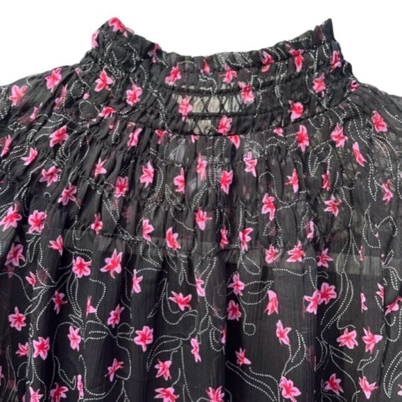 Elizabeth And James EUC Long Sleeve Black Pink Floral Sheer Smocked Neck Top Med - Picture 13 of 16